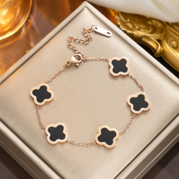 Nonfading Titanium Steel Fourleaf Clover Diamond Charm Bracelet With 18K Rose Gold Finish For Women