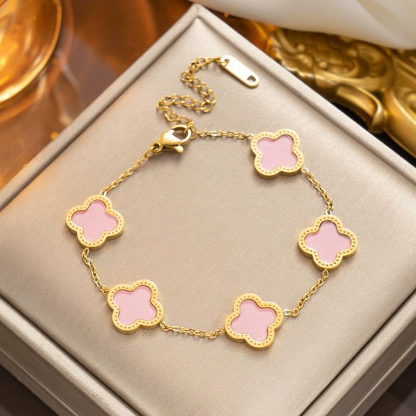 Nonfading Titanium Steel Fourleaf Clover Diamond Charm Bracelet With 18K Rose Gold Finish For Women