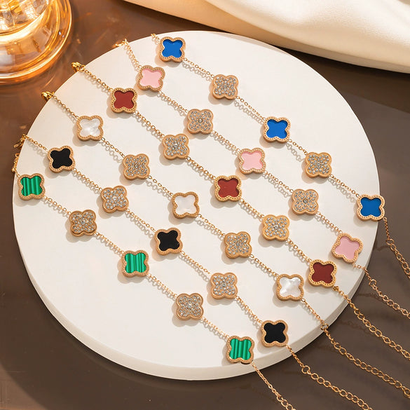 Nonfading Titanium Steel Fourleaf Clover Diamond Charm Bracelet With 18K Rose Gold Finish For Women