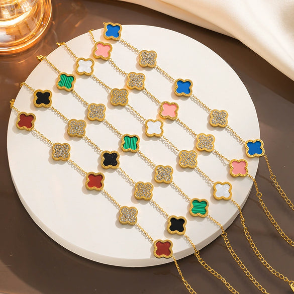 Nonfading Titanium Steel Fourleaf Clover Diamond Charm Bracelet With 18K Rose Gold Finish For Women