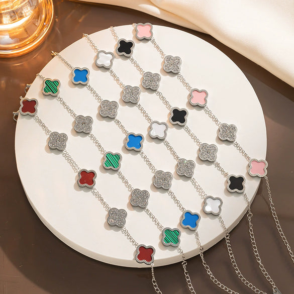 Nonfading Titanium Steel Fourleaf Clover Diamond Charm Bracelet With 18K Rose Gold Finish For Women