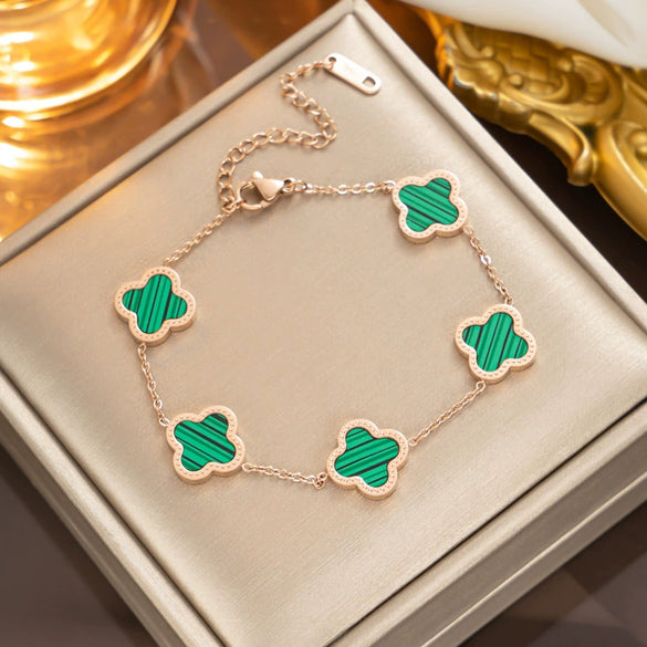 Nonfading Titanium Steel Fourleaf Clover Diamond Charm Bracelet With 18K Rose Gold Finish For Women