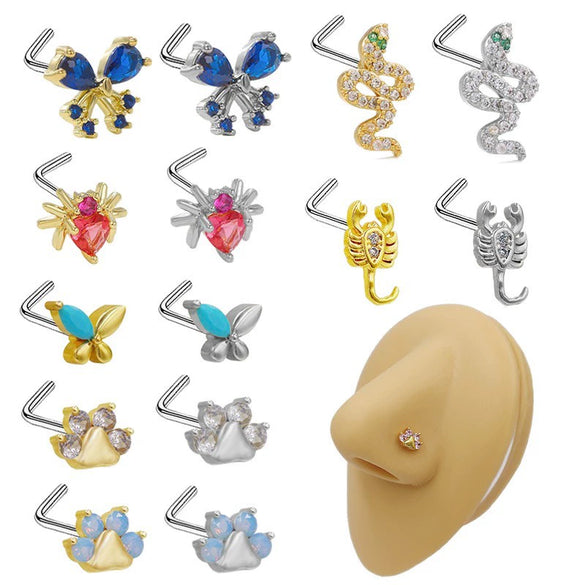 Nose Nail Piercing Jewelry Stainless Steel Animal Spider Scorpion Cat Claw Heart Inlaid Zircon Diamond Style