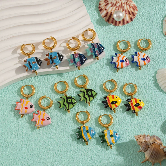 Ocean Colored Ceramic Small Fish Lucky Koi Earrings With Enamel Oil Painting And Electroplating Design