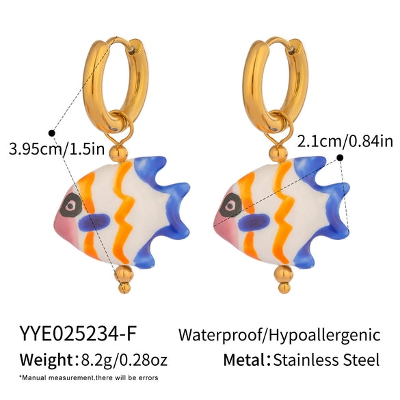 Ocean Colored Ceramic Small Fish Lucky Koi Earrings With Enamel Oil Painting And Electroplating Design
