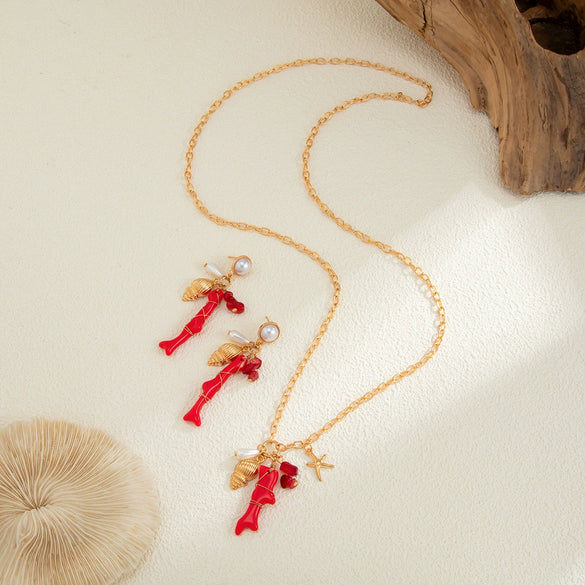 Ocean Style Metal Red Coral Conch Pendant Long Necklace With Imitation Pearl Starfish Chain Electroplated For Women