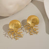 Ocean Style Shell Coral Octopus Exaggerated Earrings Jewelry In Titanium Steel With Electroplating For Women