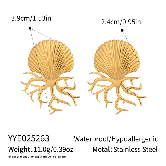 Ocean Style Shell Coral Octopus Exaggerated Earrings Jewelry In Titanium Steel With Electroplating For Women