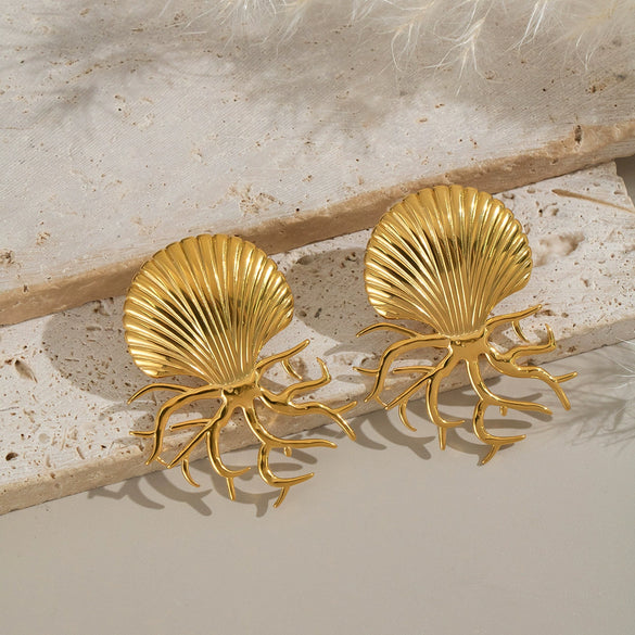 Ocean Style Shell Coral Octopus Exaggerated Earrings Jewelry In Titanium Steel With Electroplating For Women