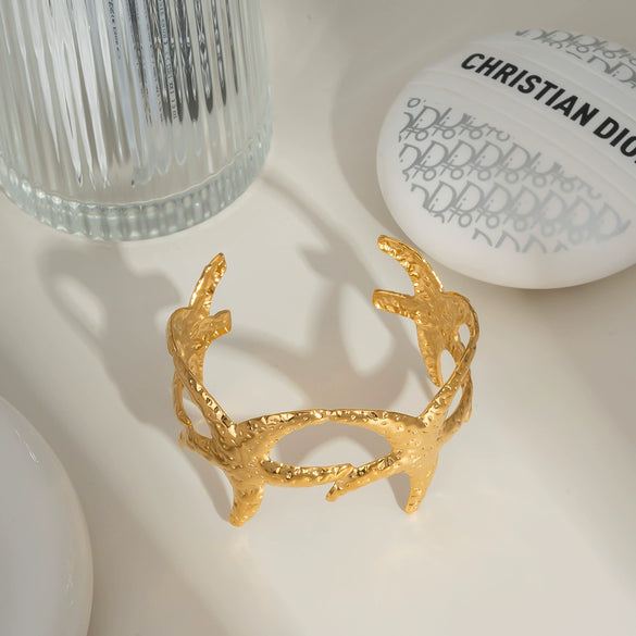 Ocean Style Starfish Open Bracelet Stainless Steel Jewelry Pvd Furnace Vacuum Real Gold Plated
