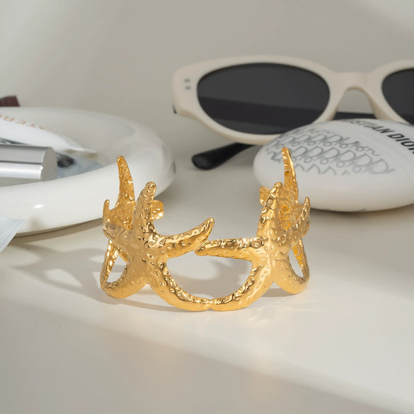 Ocean Style Starfish Open Bracelet Stainless Steel Jewelry Pvd Furnace Vacuum Real Gold Plated