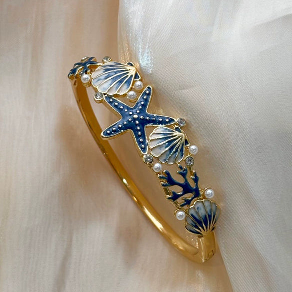 Ocean Theme Enamel Open Bangle Bracelet With Colorful Starfish Seashell And Sea Turtle Motifs Plated Decorative Jewelry