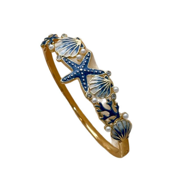 Ocean Theme Enamel Open Bangle Bracelet With Colorful Starfish Seashell And Sea Turtle Motifs Plated Decorative Jewelry