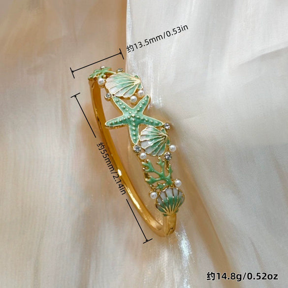 Ocean Theme Enamel Open Bangle Bracelet With Colorful Starfish Seashell And Sea Turtle Motifs Plated Decorative Jewelry
