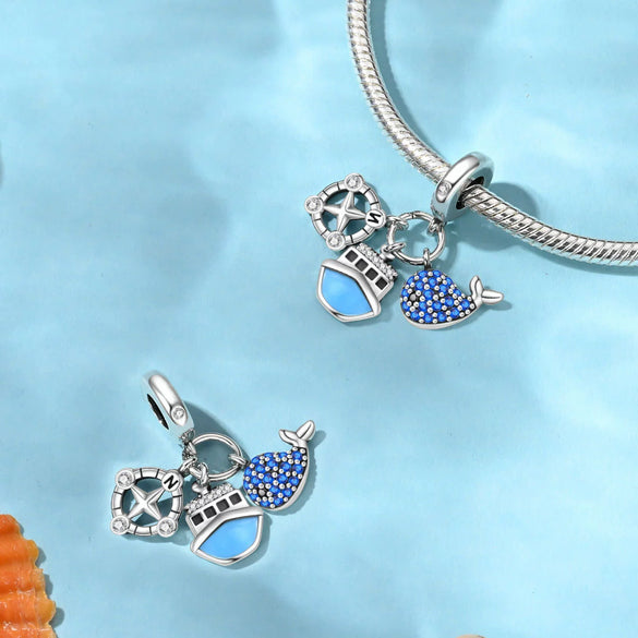 Ocean Wind Seahorse Whale Pendant Beads Diy Silver Plated Bracelet With Dripping Oil Treatment