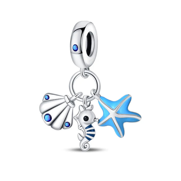 Ocean Wind Seahorse Whale Pendant Beads Diy Silver Plated Bracelet With Dripping Oil Treatment