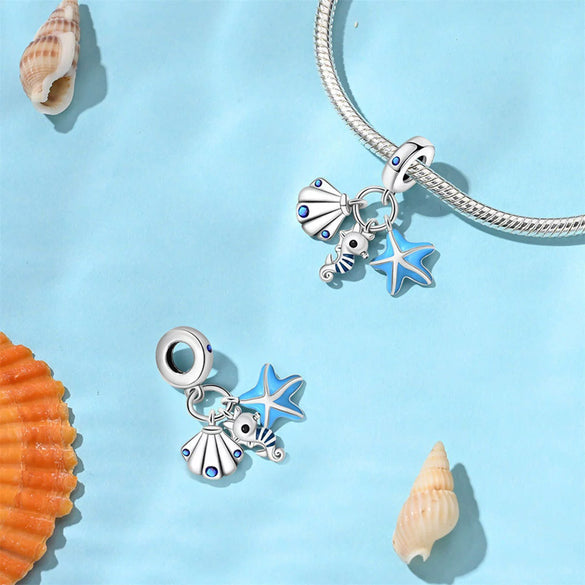 Ocean Wind Seahorse Whale Pendant Beads Diy Silver Plated Bracelet With Dripping Oil Treatment