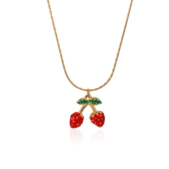 Oil Drip Fruit And Leaf Pendant Necklace In Stainless Steel With Cherry Strawberry And Chili Motifs Oshaped Chain Unisex Jewelry