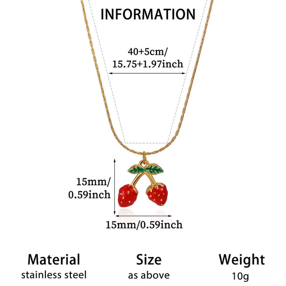 Oil Drip Fruit And Leaf Pendant Necklace In Stainless Steel With Cherry Strawberry And Chili Motifs Oshaped Chain Unisex Jewelry