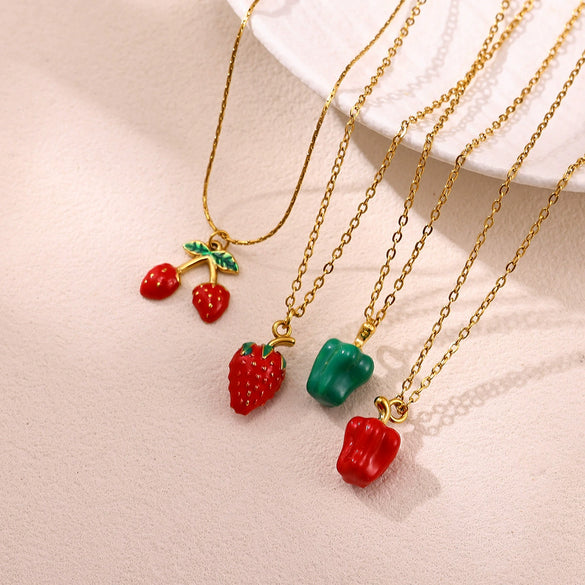 Oil Drip Fruit And Leaf Pendant Necklace In Stainless Steel With Cherry Strawberry And Chili Motifs Oshaped Chain Unisex Jewelry