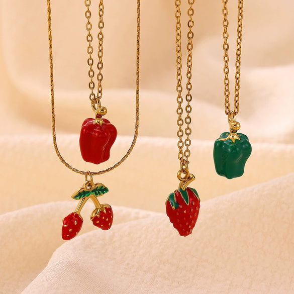 Oil Drip Fruit And Leaf Pendant Necklace In Stainless Steel With Cherry Strawberry And Chili Motifs Oshaped Chain Unisex Jewelry