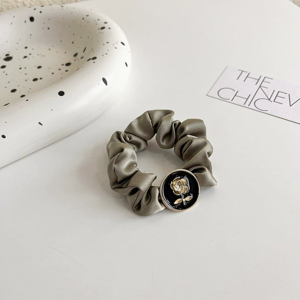 Olive Green Cloth Knitted Large Scrunchie Hair Ring With Black Flower Detail Elegant Sweet Cool All Match Headwear