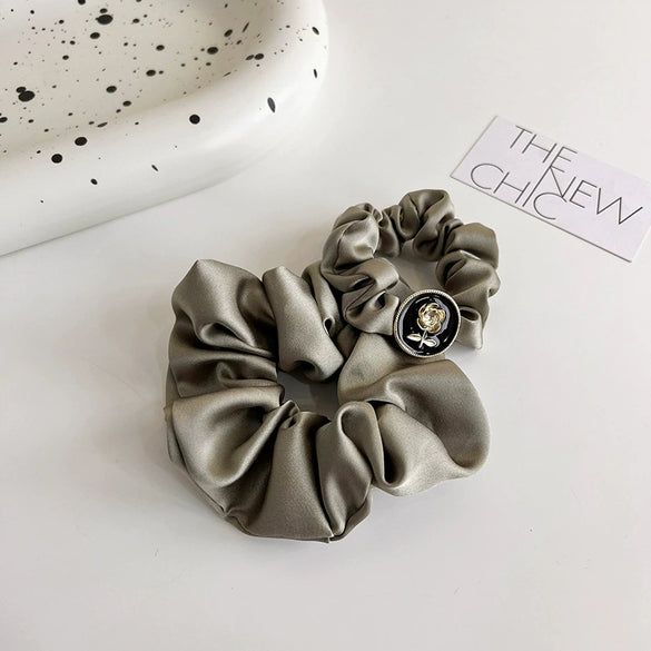 Olive Green Cloth Knitted Large Scrunchie Hair Ring With Black Flower Detail Elegant Sweet Cool All Match Headwear