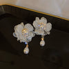 Organza Mesh White Flower Pearl Earrings For Women Sweet Floral Fairy Style Statement Earrings
