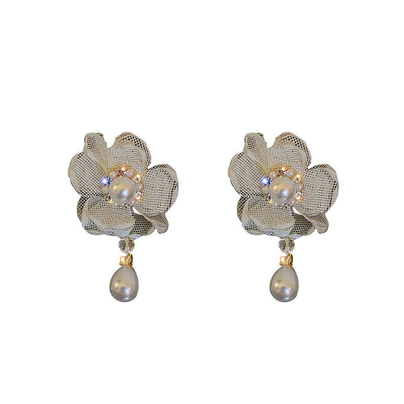 Organza Mesh White Flower Pearl Earrings For Women Sweet Floral Fairy Style Statement Earrings