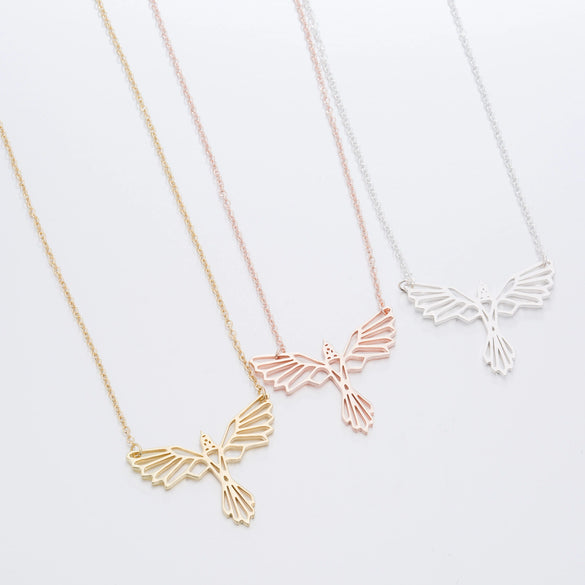 Origami Geometric Flying Bird Pendant Necklace In Stainless Steel With Electroplated Ochain For Women