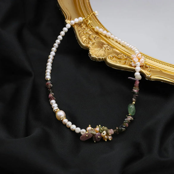 Original Design Color Block Freshwater Pearl Tourmaline Copper Beaded Plating 18k Gold Plated Necklace