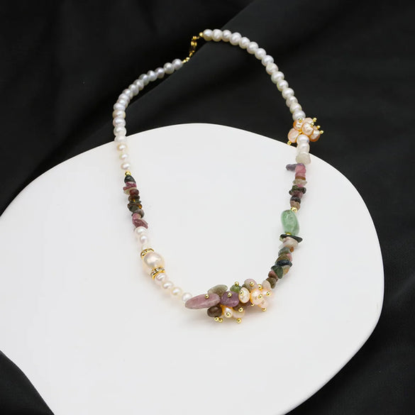 Original Design Color Block Freshwater Pearl Tourmaline Copper Beaded Plating 18k Gold Plated Necklace
