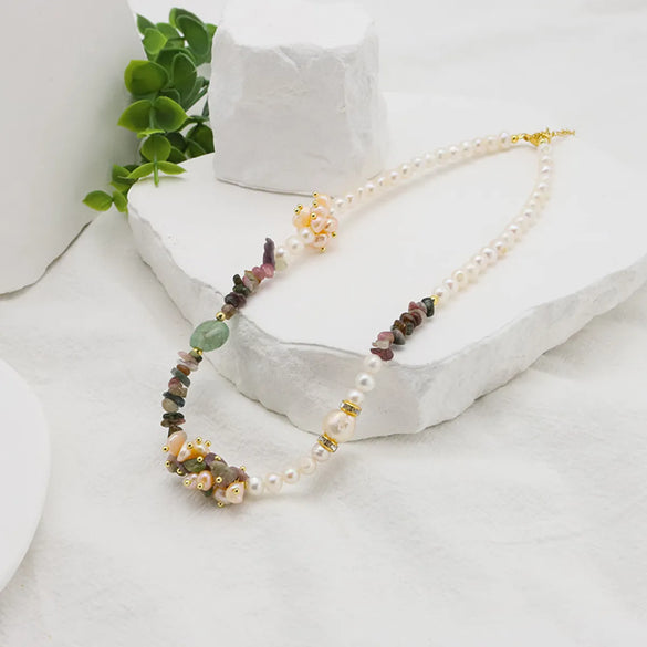 Original Design Color Block Freshwater Pearl Tourmaline Copper Beaded Plating 18k Gold Plated Necklace