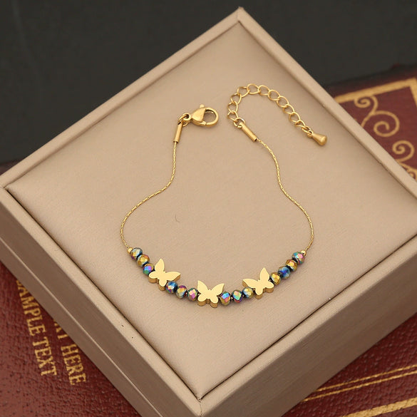 Original Design Handmade Stainless Steel Crystal Beaded Butterfly Insect Eye Bracelet For Women