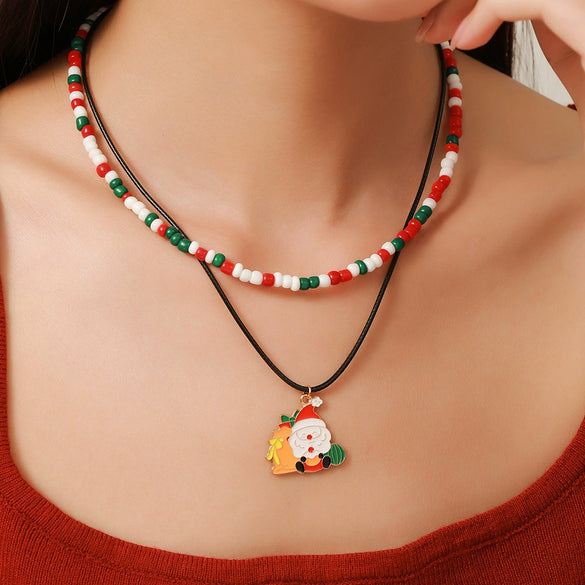 Ornament Christmas Necklace Glass Rice Bead Double Layer Stacked With Clavicle Chain Geometric Style