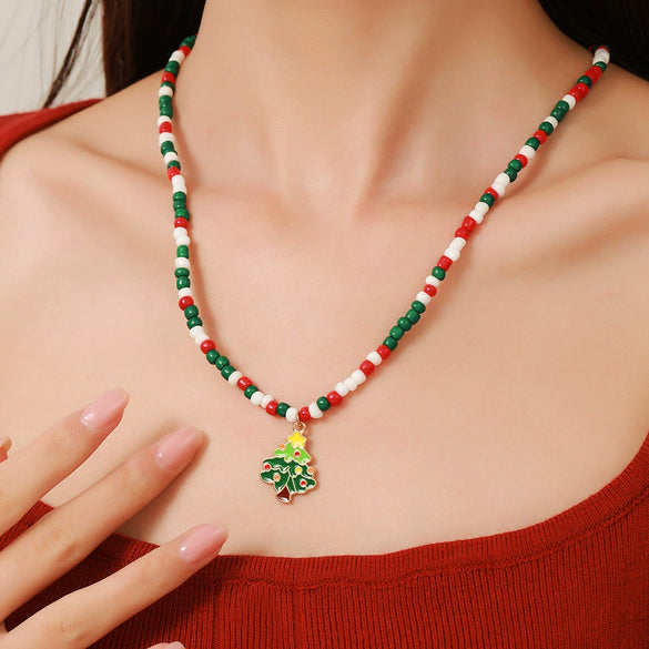 Ornament Christmas Necklace Glass Rice Bead Double Layer Stacked With Clavicle Chain Geometric Style