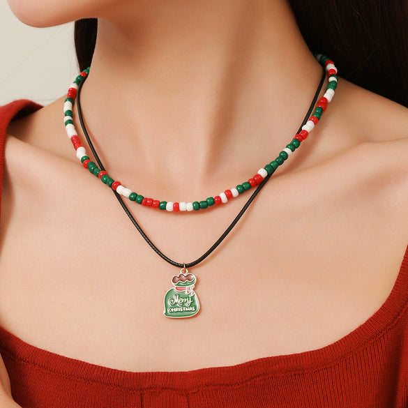 Ornament Christmas Necklace Glass Rice Bead Double Layer Stacked With Clavicle Chain Geometric Style
