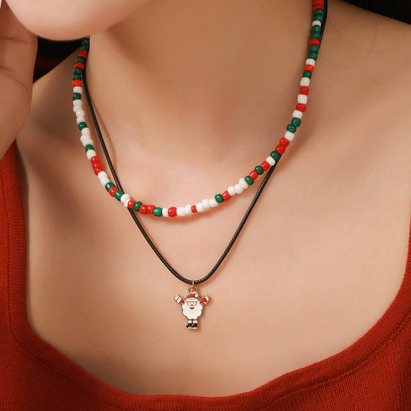 Ornament Christmas Necklace Glass Rice Bead Double Layer Stacked With Clavicle Chain Geometric Style