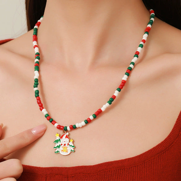 Ornament Christmas Necklace Glass Rice Bead Double Layer Stacked With Clavicle Chain Geometric Style