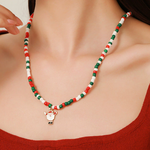 Ornament Christmas Necklace Glass Rice Bead Double Layer Stacked With Clavicle Chain Geometric Style