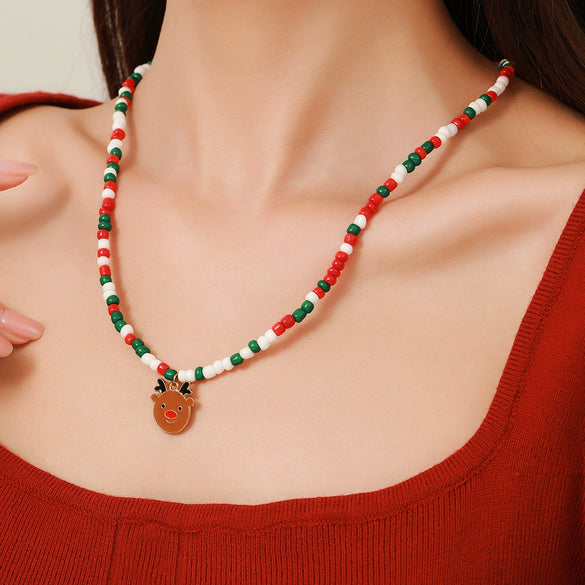 Ornament Christmas Necklace Glass Rice Bead Double Layer Stacked With Clavicle Chain Geometric Style