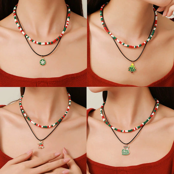 Ornament Christmas Necklace Glass Rice Bead Double Layer Stacked With Clavicle Chain Geometric Style