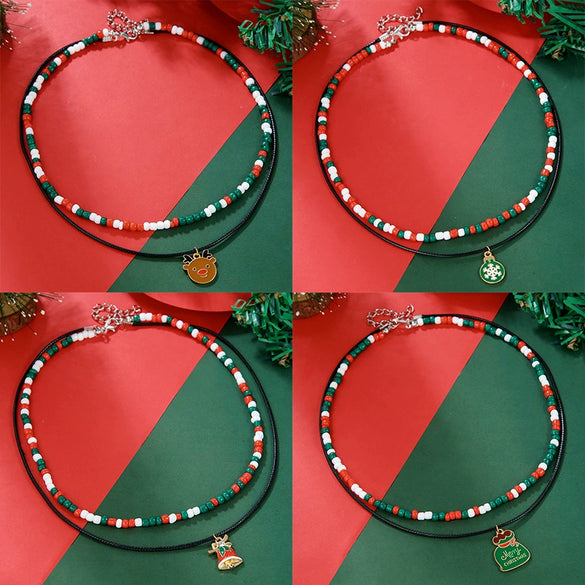 Ornament Christmas Necklace Glass Rice Bead Double Layer Stacked With Clavicle Chain Geometric Style