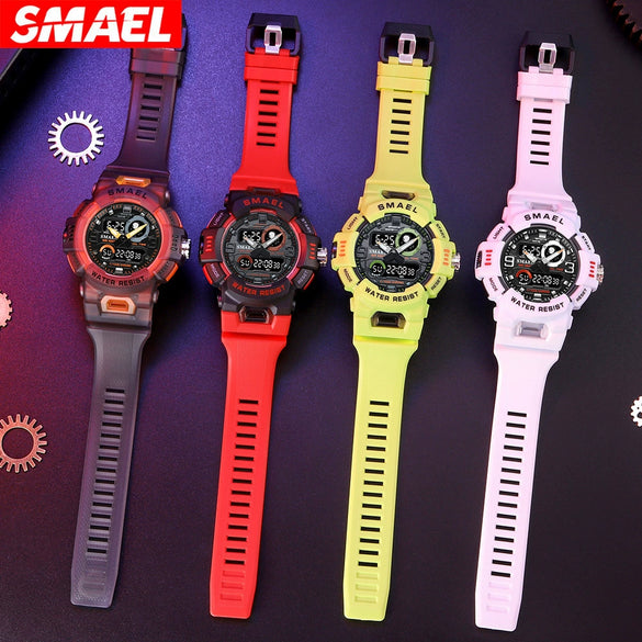 Outdoor Electronic Alarm Sports Watch Dual Display Chronograph Plastic Pu Round Watch