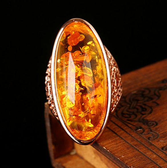 Oval Baltic Beeswax Amber Ring Fashion Jewelry Metal Constellation Electroplating Unisex