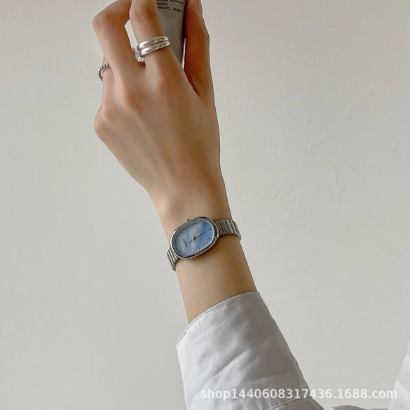 Oval Bamboo And Metal Steel Band Quartz Watch For Female Students Leisure Style Alloy Case Ordinary Glass Mirror
