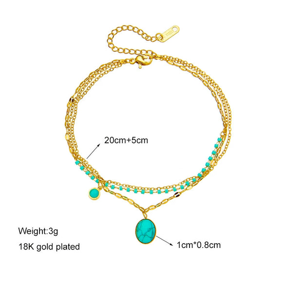 Oval Blue Turquoise Pendant Stainless Steel Chain Women's Retro Bohemian Style Accessories Bracelet With Electroplating