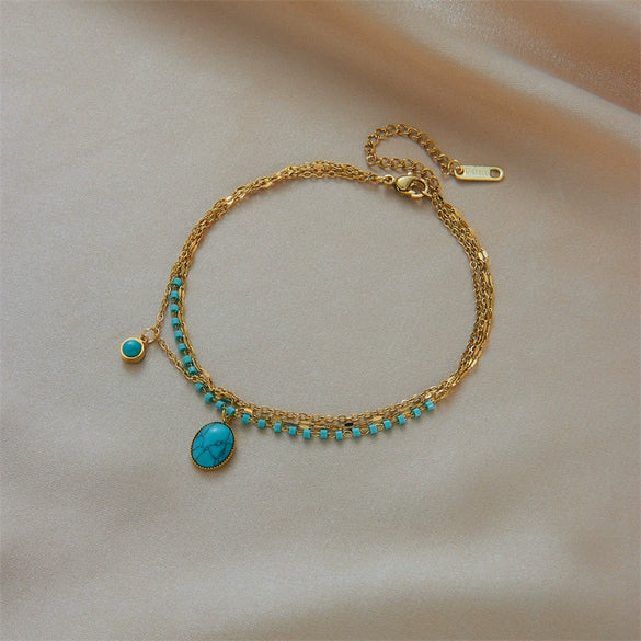 Oval Blue Turquoise Pendant Stainless Steel Chain Women's Retro Bohemian Style Accessories Bracelet With Electroplating