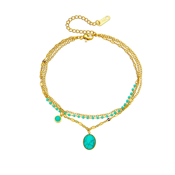 Oval Blue Turquoise Pendant Stainless Steel Chain Women's Retro Bohemian Style Accessories Bracelet With Electroplating