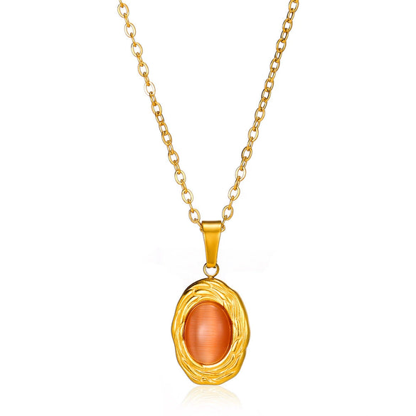 Oval Cat's Eye Pendant Stainless Steel Necklace With Mixed Gemstone Inlay Light Luxury Electroplating Design Unisex Clavicle Chain